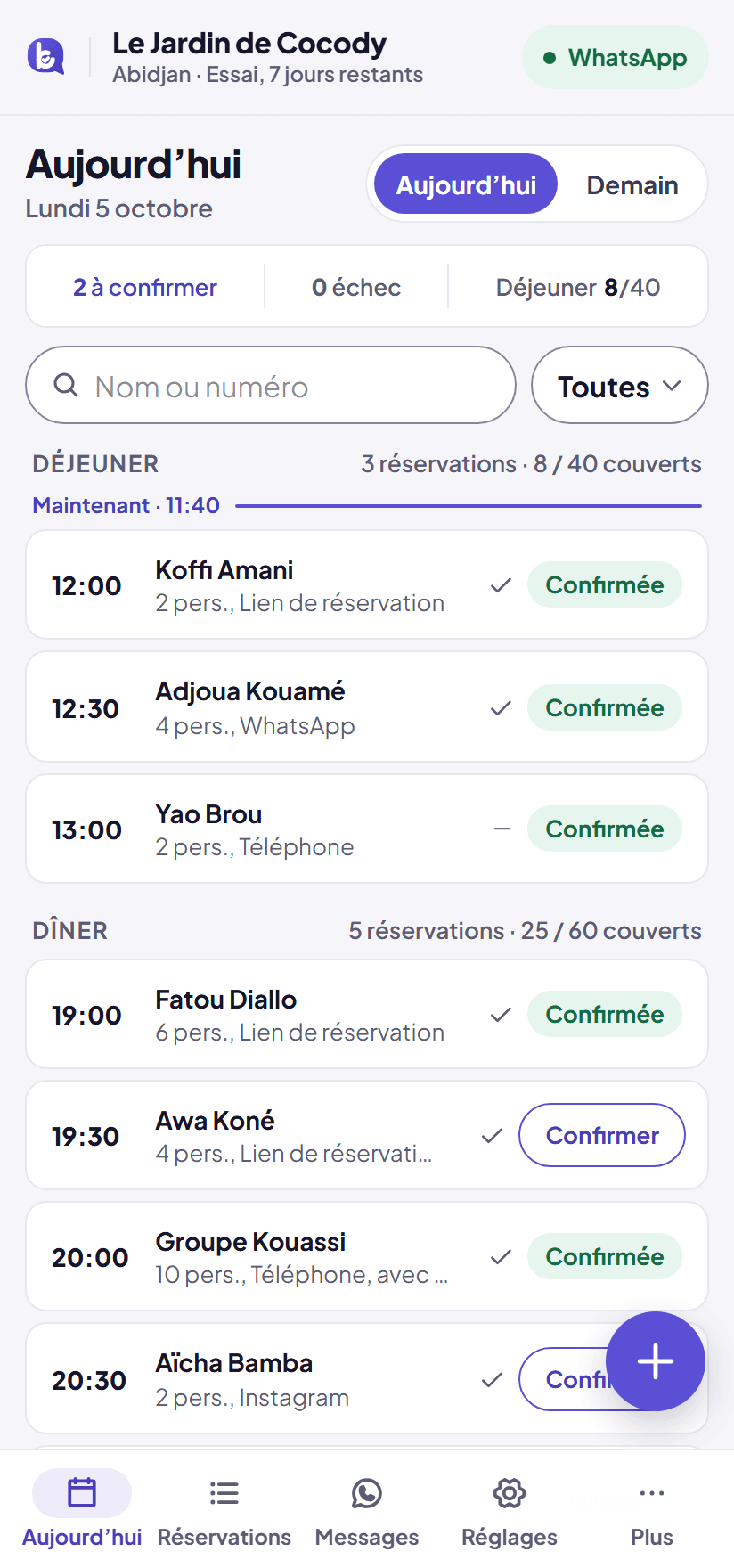 Le tableau du jour sur un téléphone : les réservations du déjeuner et du dîner, avec leur statut et l’état du message WhatsApp.