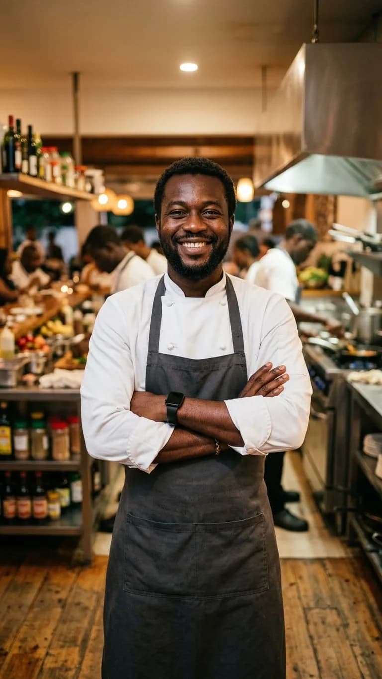 Chef de restaurant souriant dans sa cuisine, pendant que Bienvo envoie le rappel WhatsApp.